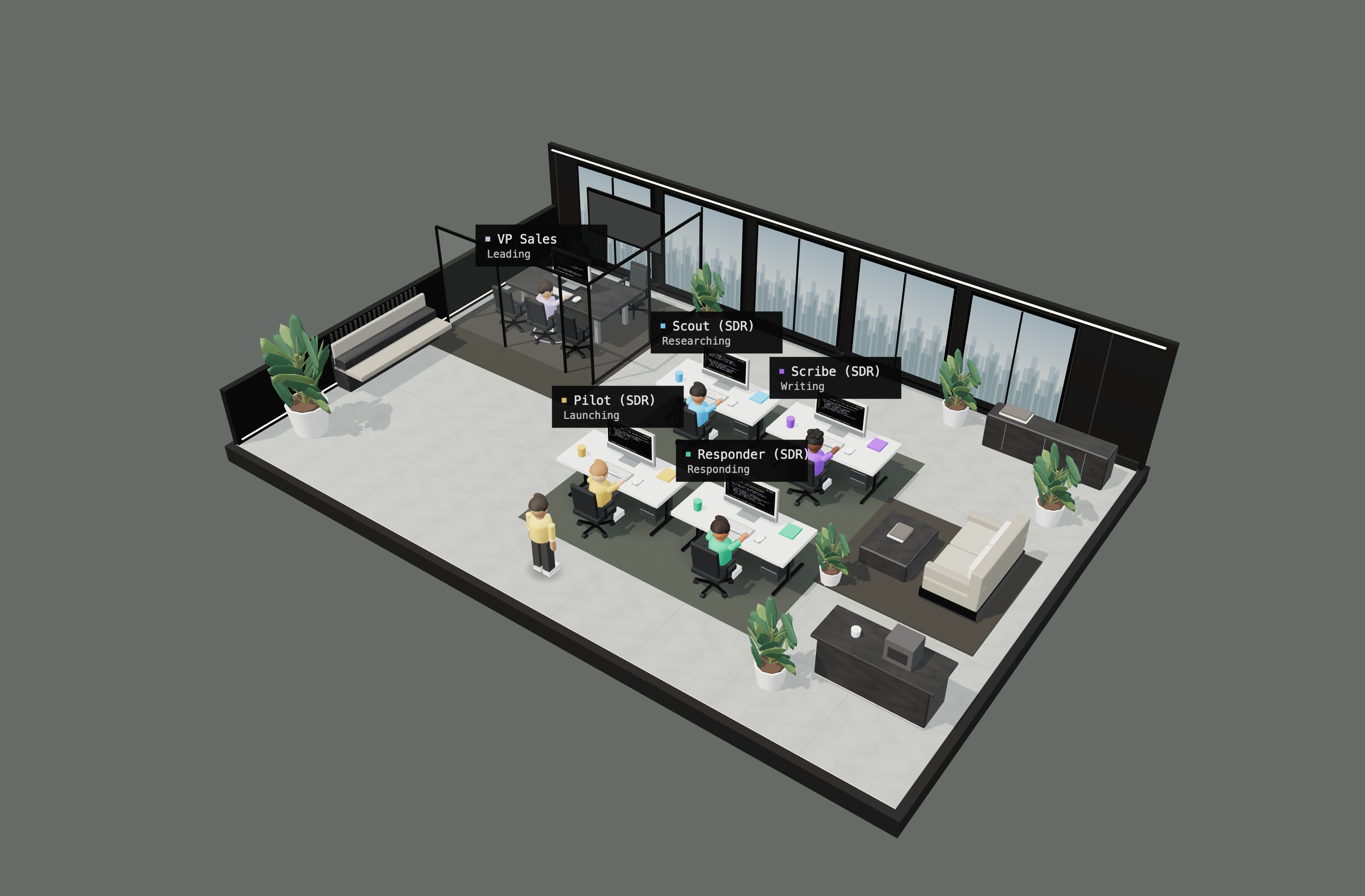 Five agents at their desks in Office.